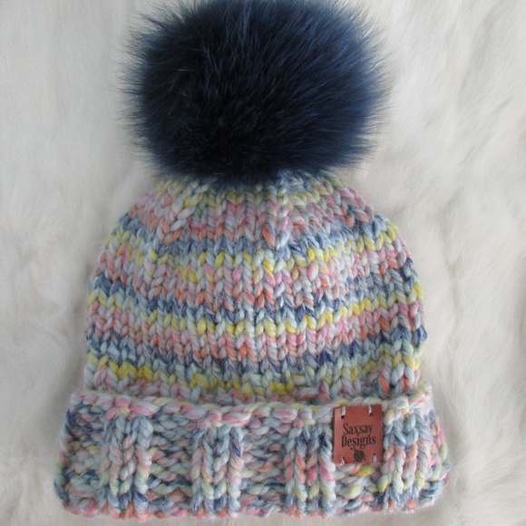 Real fur pompom hat, knit winter hat, Merino wool